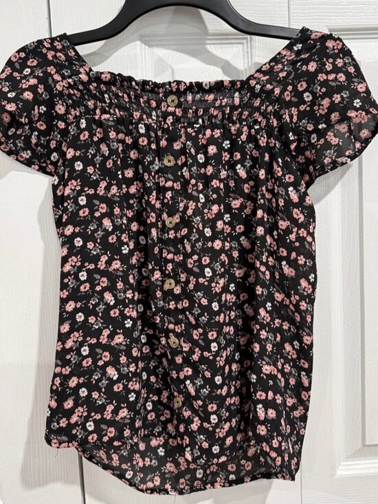 Tops - No Boundaries Black Top with Pink Floral Button Front